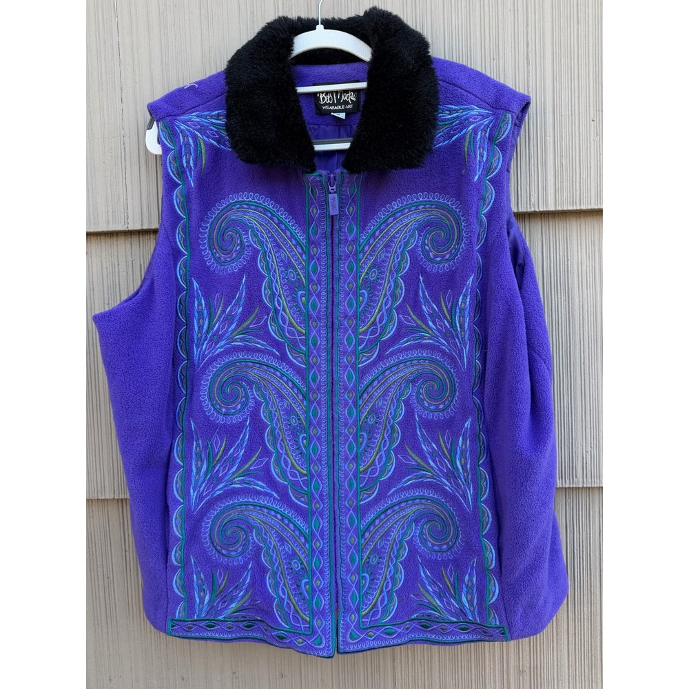 bob mackie purple fleece vest 1x faux fur collar paisley embroidered zip up